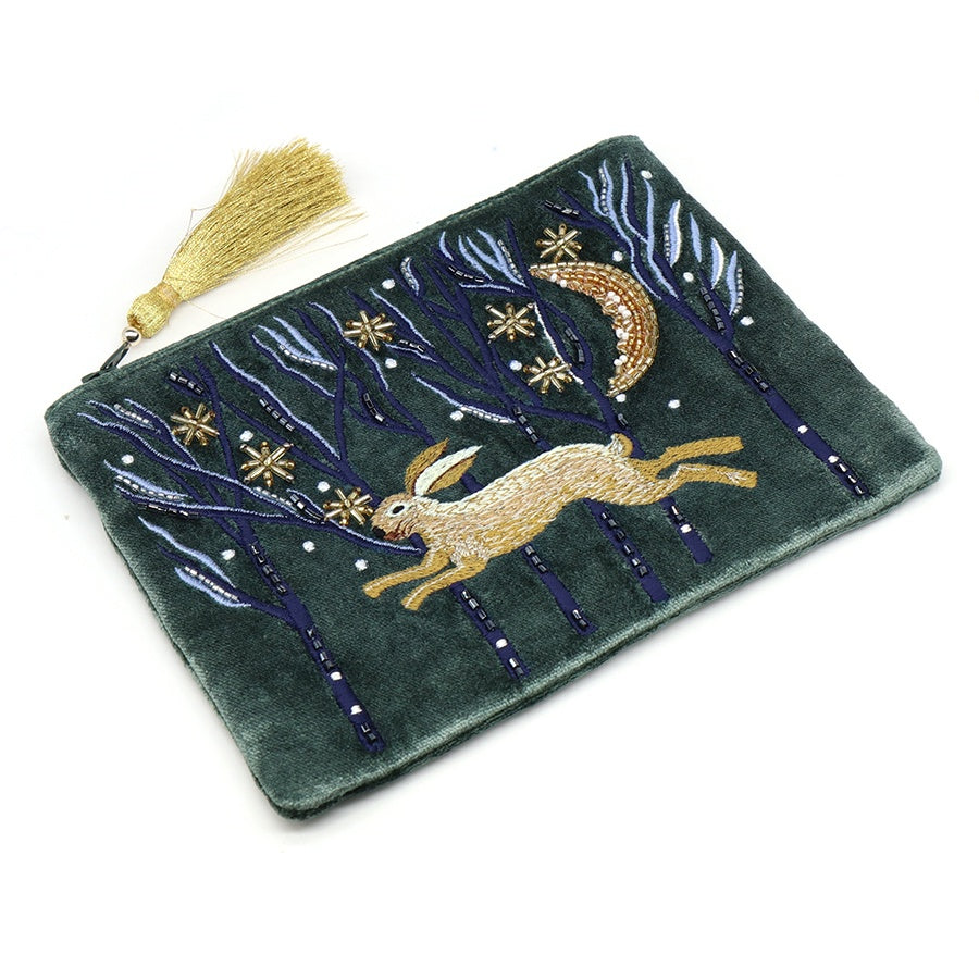 Pouch: Velvet Embroidered Leaping Hare - Green - POM