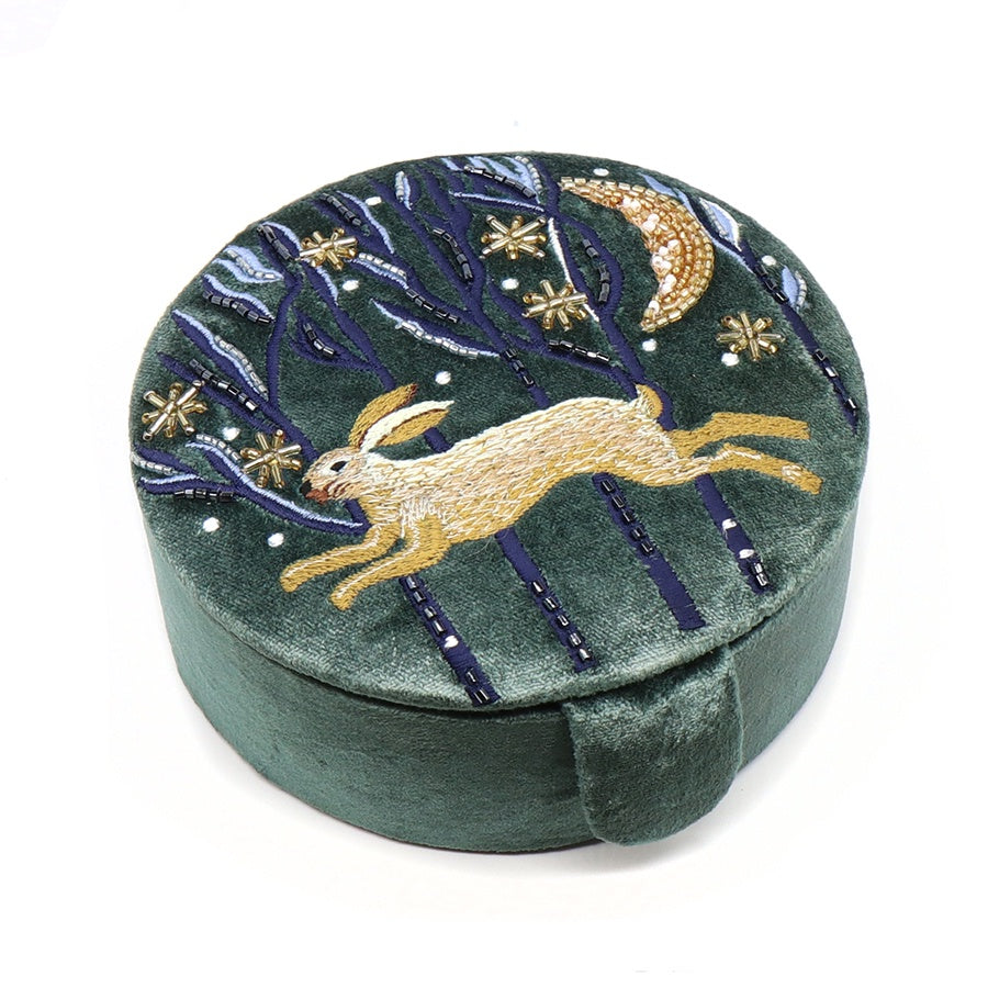 Jewellery Box: Velvet Embroidered Leaping Hare - Green - POM
