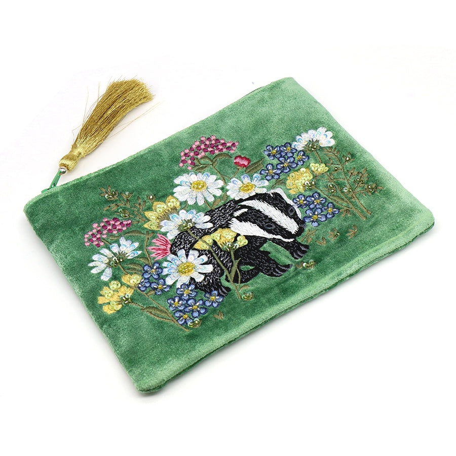 Pouch: Velvet Embroidered Badger & Floral - Green - POM