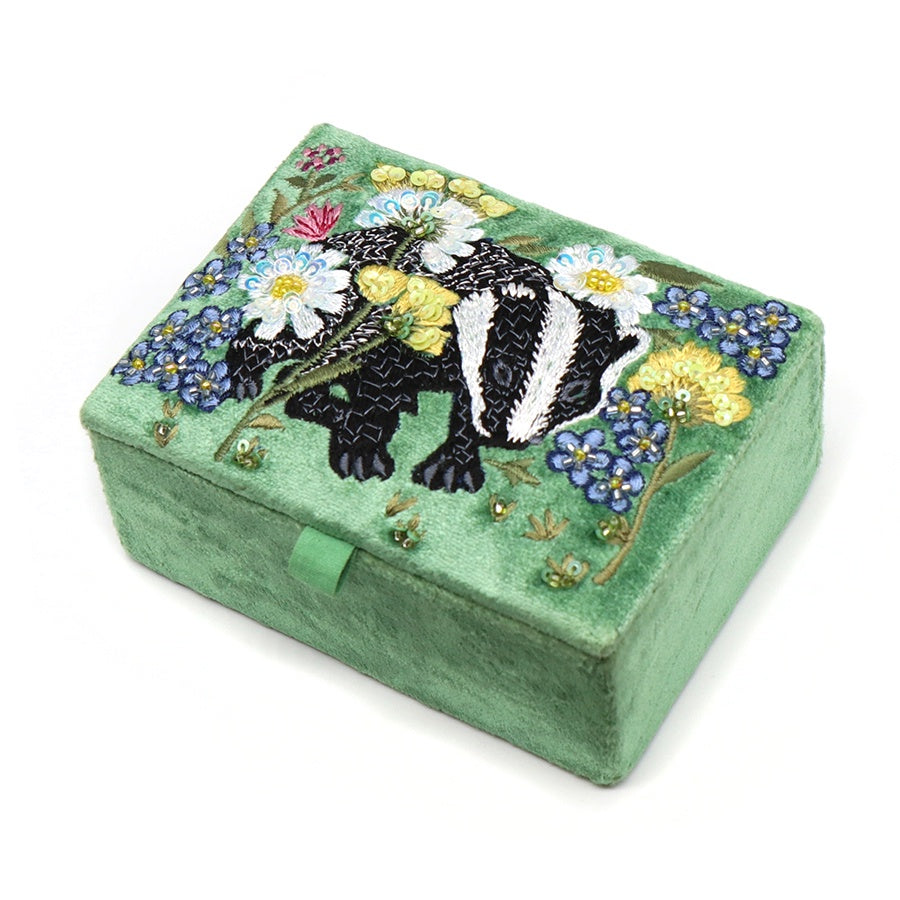 Jewellery Box: Velvet Embroidered Badger & Floral - Green - POM