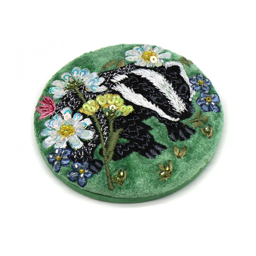 Compact Mirror: Velvet Embroidered Badger   - Green - POM