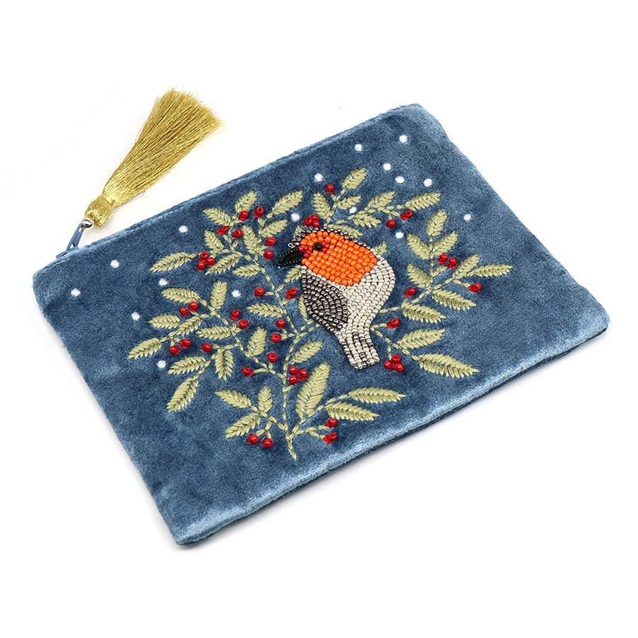 Pouch: Velvet Embroidered Robin Holly - Blue - POM