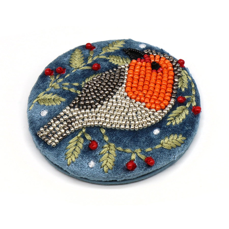 Compact Mirror: Velvet Embroidered Robin Holly - Blue - POM