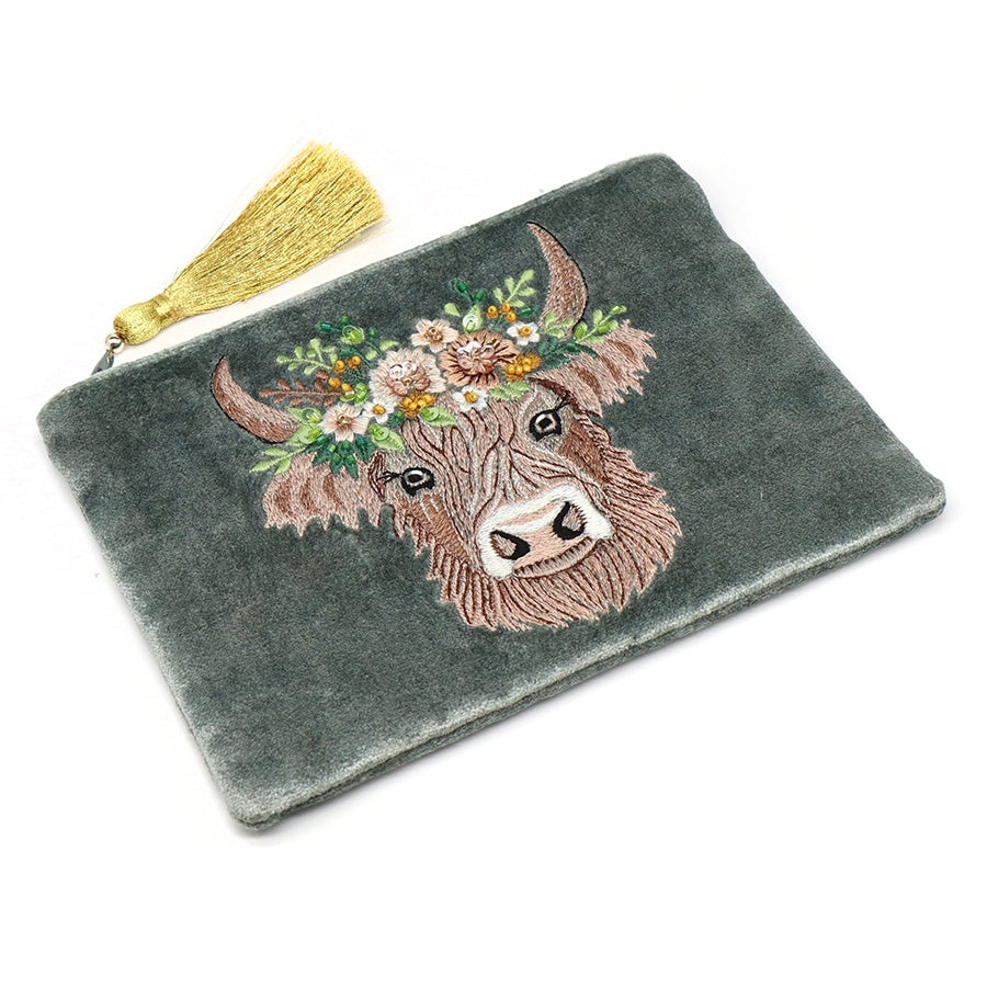 Pouch: Velvet Embroidered Highland Cow - Blue - POM