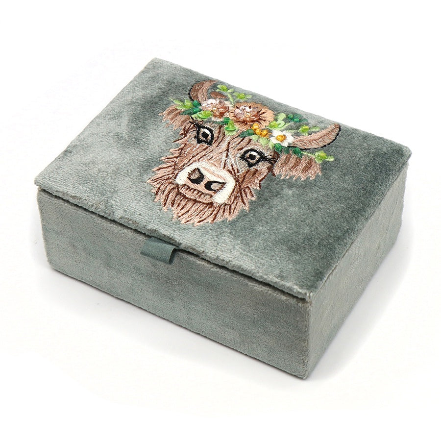 Jewellery Box: Velvet Embroidered Highland Cow - Blue - POM