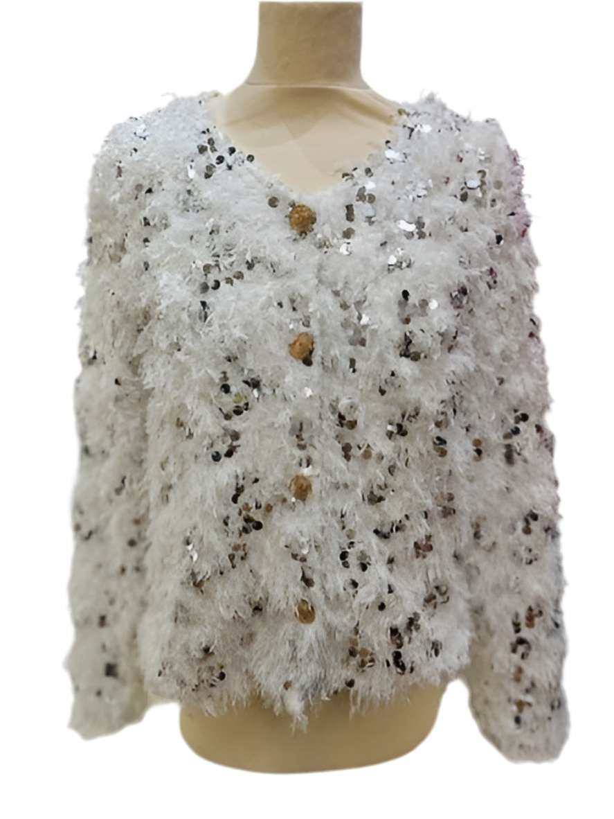 Cardigan: Faux Feather Sequin Long Sleeve One Size - White - Luxtyle