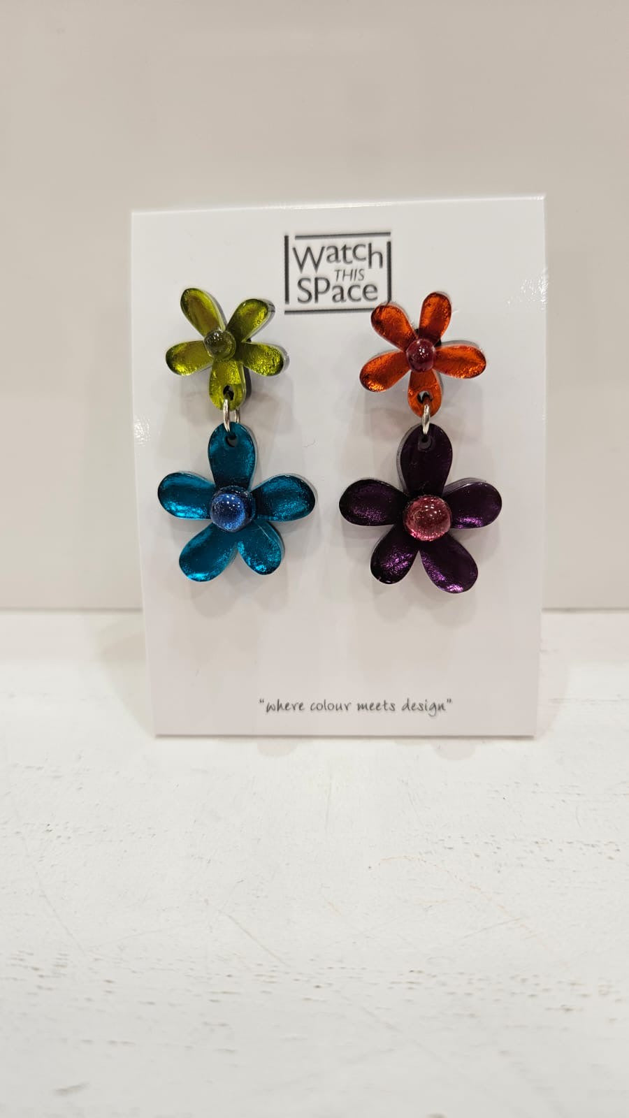 Earrings: Drop Stud Resin Double Flower - Rainbow - Watch This Space