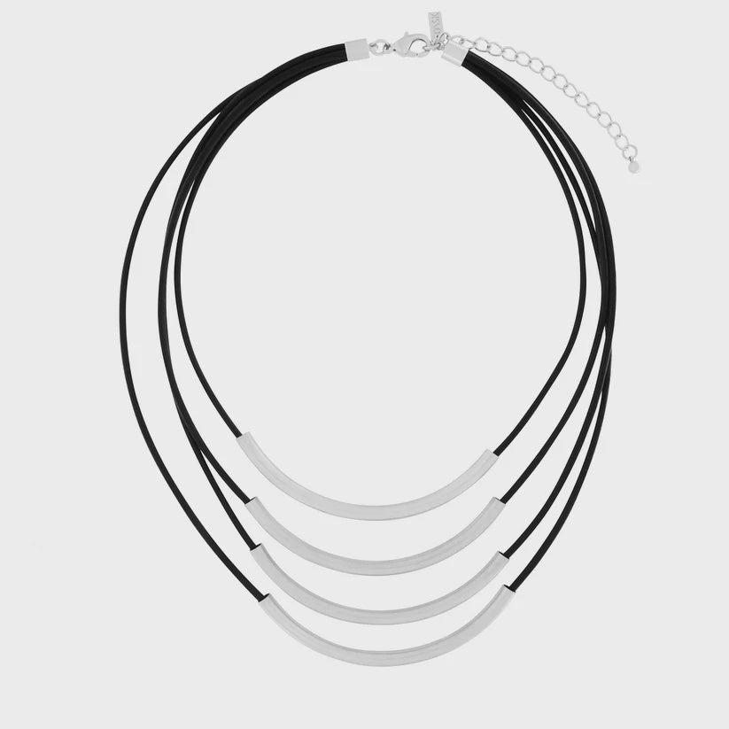Necklace: Short Leather Multi String Scratched NOSTALGIA - Silver Plated - Dansk