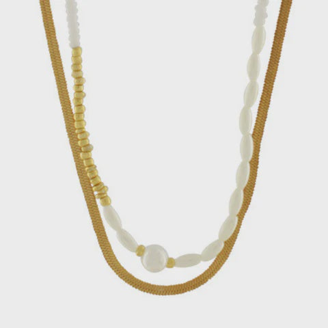 Necklace: Short Double Snake & Freshwater Pearls Joy - Gold Plated - FASHION - Dansk