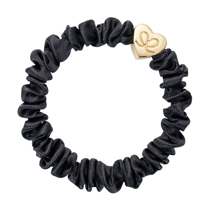 Hairband Bracelet: Skinny  Silk Scrunchie Gold Heart -Black - By Eloise