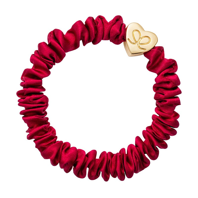 Hairband Bracelet: Skinny Silk Scrunchie Gold Heart - Wine Red- By Eloise