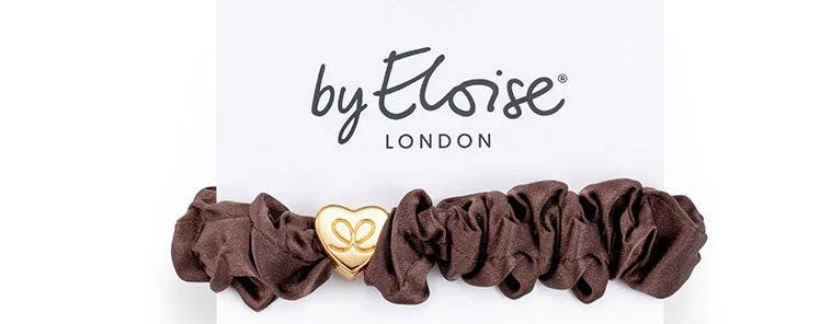 Hairband Bracelet: Silk Scrunchie Gold Heart - Chocolate Brown Mocha  - By Eloise