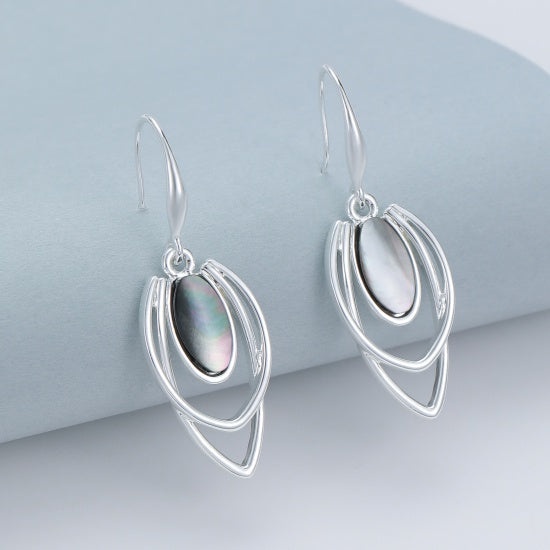 Earrings: Drop Hook Cut Out Mother Of Pearl Abstract Double Leaf - Silver - Antique Rose