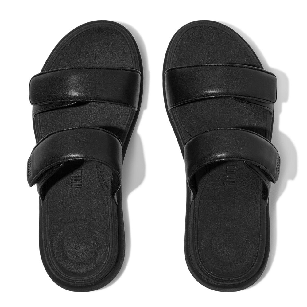 Slider Sandals: F-MODE GO ADJUSTABLE FLATFORM TWO-BAR SLIDES  - All Black - FitFlop