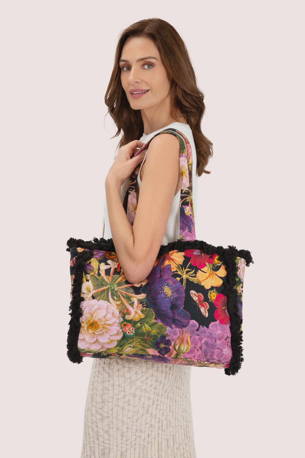 Tote Bag: Fringed Midnight Posy- Blue - FASHION - Powder Designs Ltd