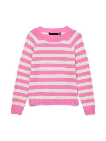 Jumper: Recycled Fine Knit Round Neck Long Sleeve Stripe DOFFY  - Fuchsia Pink & Cream - Vera Moda