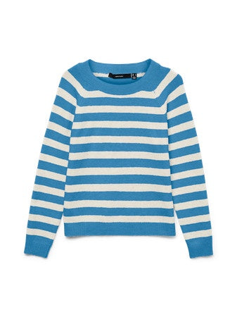 Jumper: Recycled Fine Knit Round Neck Long Sleeve Stripe DOFFY  - Blue & Cream - Vera Moda