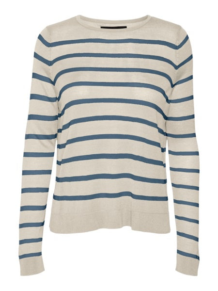 Top: Fine Knit Round Neck Long Sleeve Stripe NOVA - Off White Slate Grey - Vero Moda