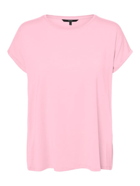 T-Shirt: Round Neck Folded Short Sleeve Plain AVA - Pink - Vero Moda