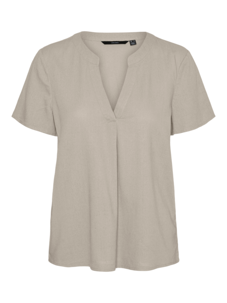 Top: Linen Mix Short Sleeve V Neck MYMILO - Beige - Vero Moda