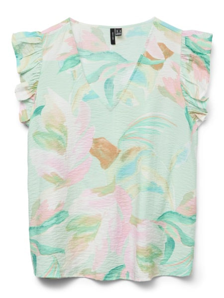 Top: Livaeco JOSIE Floral Swirl Short Sleeve - Birds Egg Green - Vero Moda