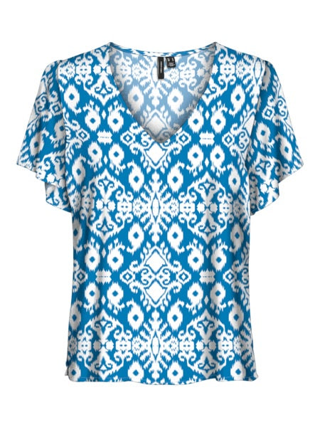 Top: Livaeco Short Sleeve EASY JOY Diamond Print - Ibiza Blue - Vero Moda