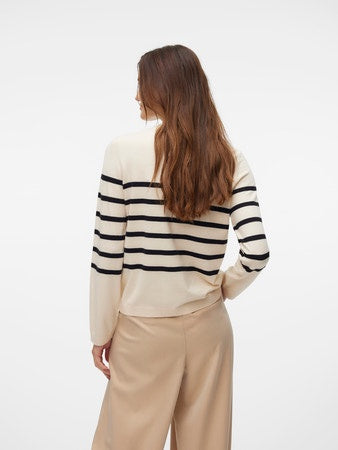 Jumper: Fine Knit Round Neck Long Sleeve Stripe SABA  - Cream & Black