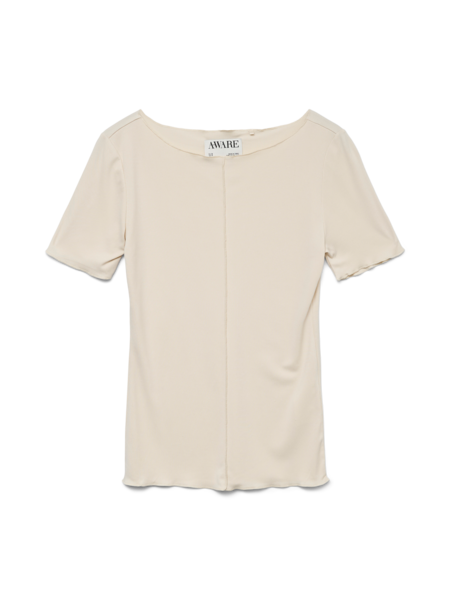 T-Shirt: Ribbed Boat Neck Short Sleeve AWARE MAGGIE - Off White - Vero Moda AWARE