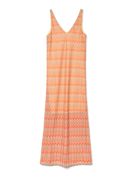 Long Dress: Recycled Sleeveless DICTE Zig Zag Crochet - Coral Orange & Pink - Vero Moda