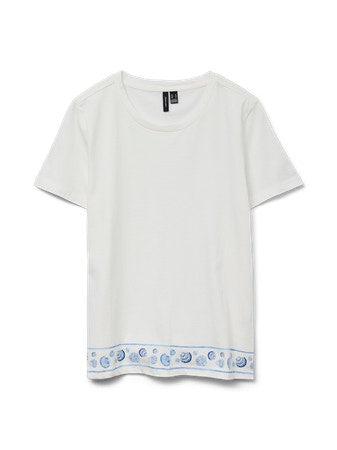T-Shirt: Organic Cotton Round Neck Short Sleeve BOTTOM SHEELS SANDRA  - White & Blue - Vera Moda