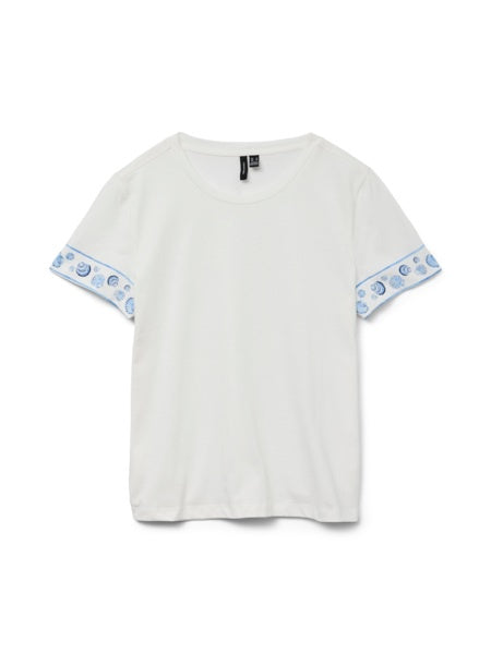 T-Shirt: Organic Cotton Round Neck Short Sleeve CUFF SHELLS SANDRA  - White & Blue - Vera Moda
