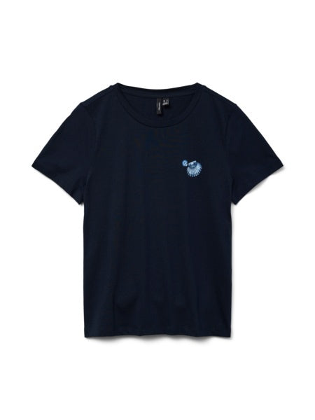 T-Shirt: Organic Cotton Round Neck Short Sleeve CHEST SHELLS SANDRA  - Navy - Vera Moda