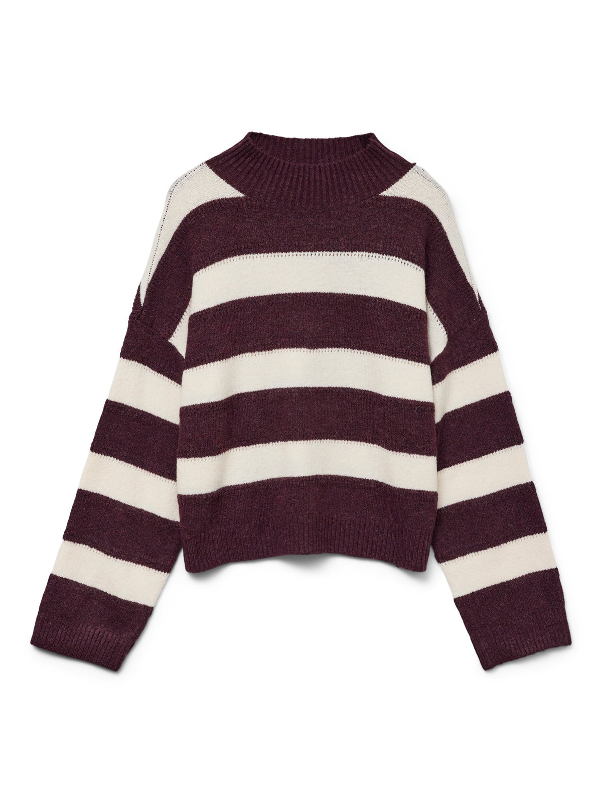 Jumper: Knit High Neck Long Sleeve Short Stripe INEZ  - Burgundy & Cream