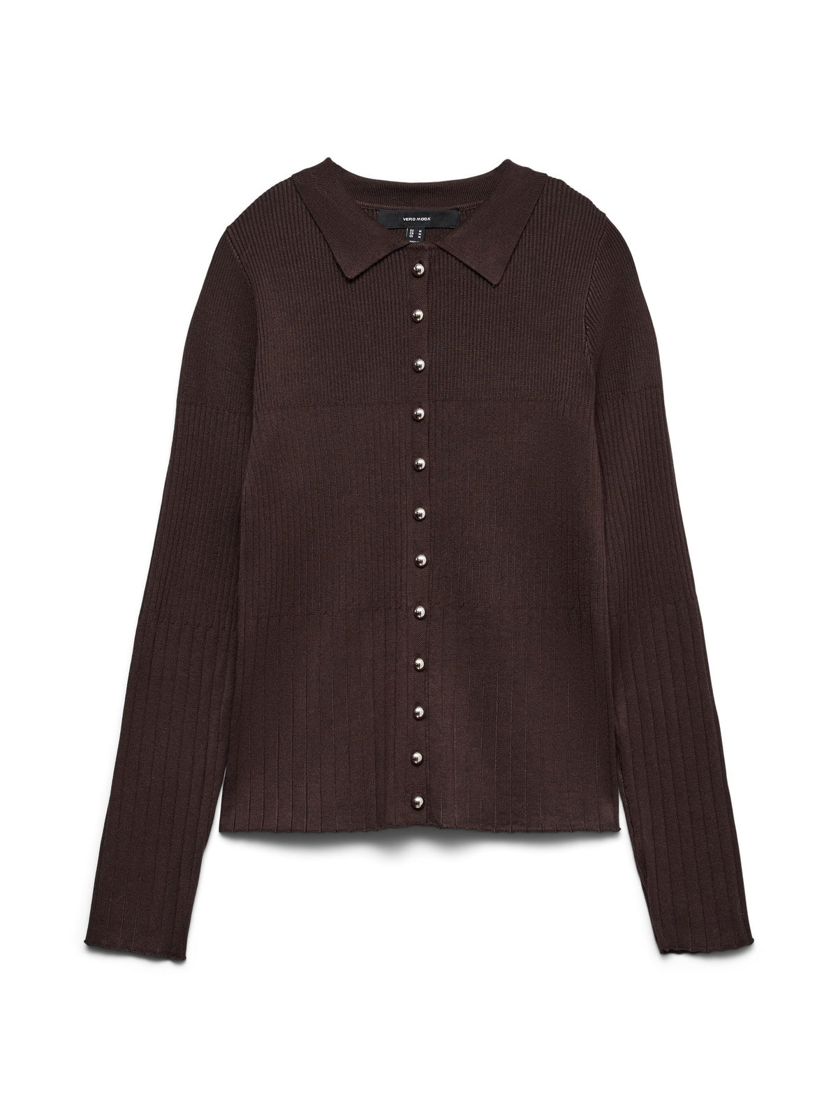 Jumper: Fine Knit Collar Silver Button Long Sleeve SIRI - Chocolate Brown - Vero Moda