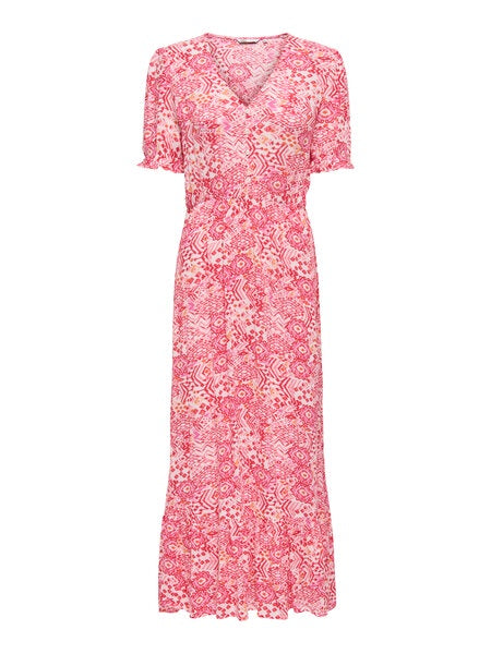 Long dress: Lightweight V Neck Short  Sleeve Aztec Print ONLCHIANTI - Coral Pink - ONLY