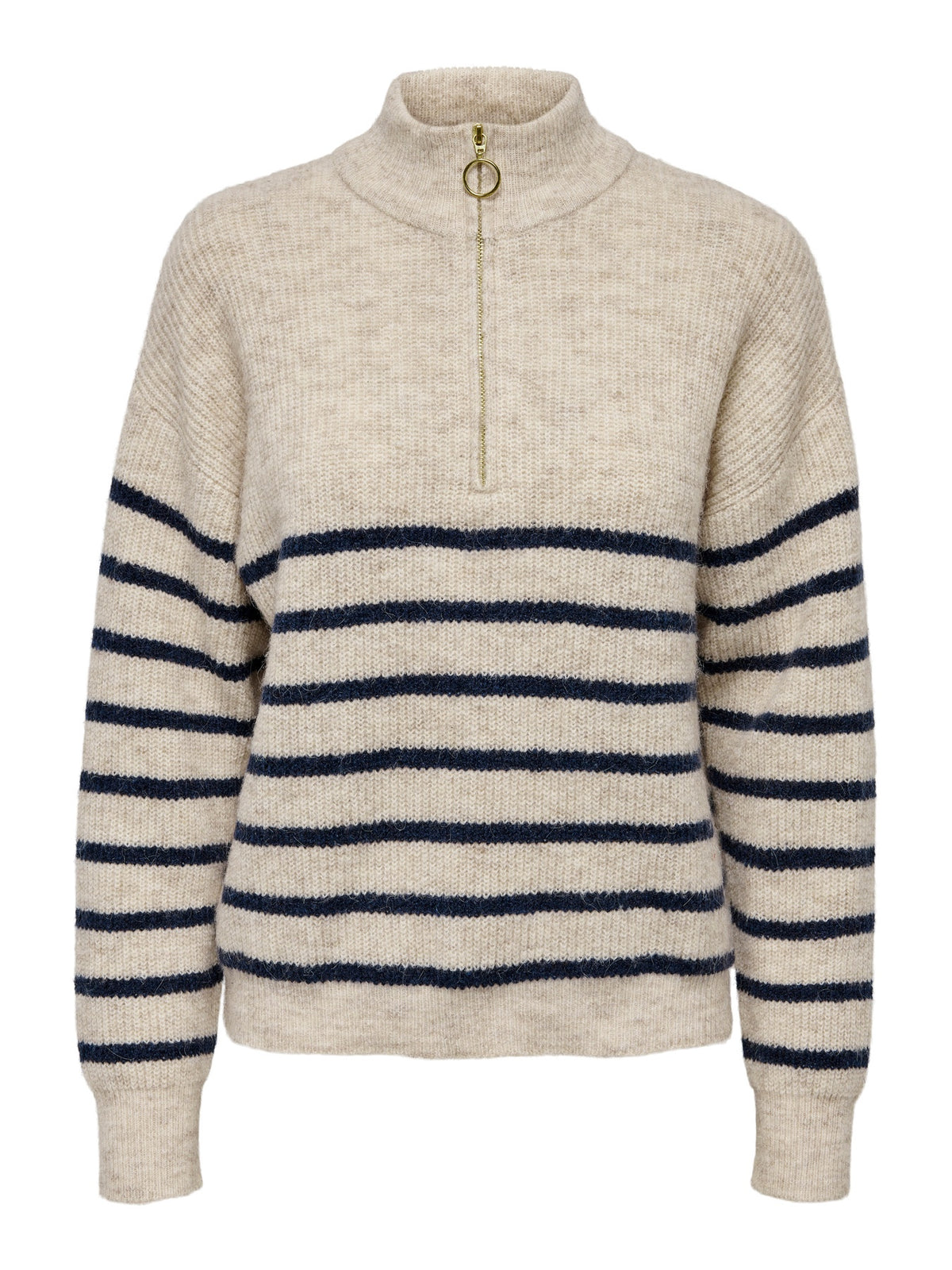 Jumper: Knit Wool Mix High Neck Long Sleeve Gold Zip Ribbed TOKYO - Beige & Blue