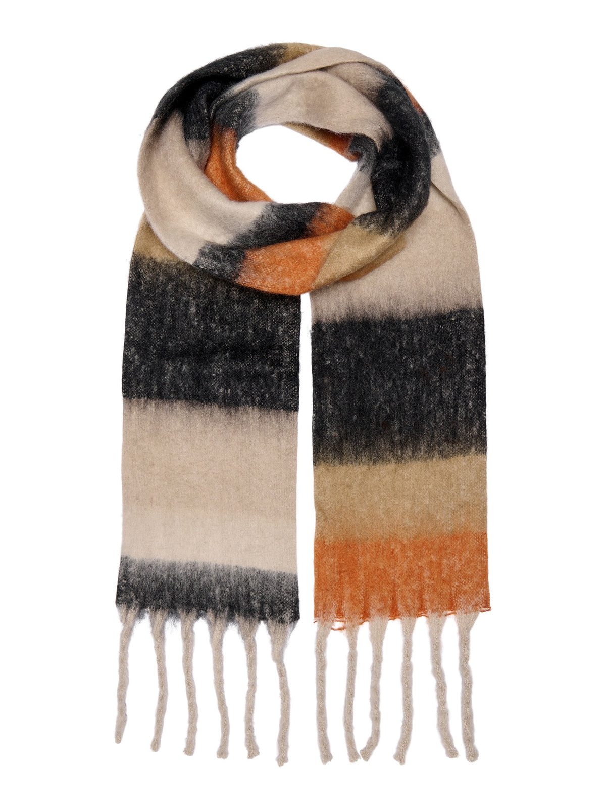Scarf: Chunky Fluffy Block Stripes Fringed  SIGRID  -Orange & Brown - ONLY