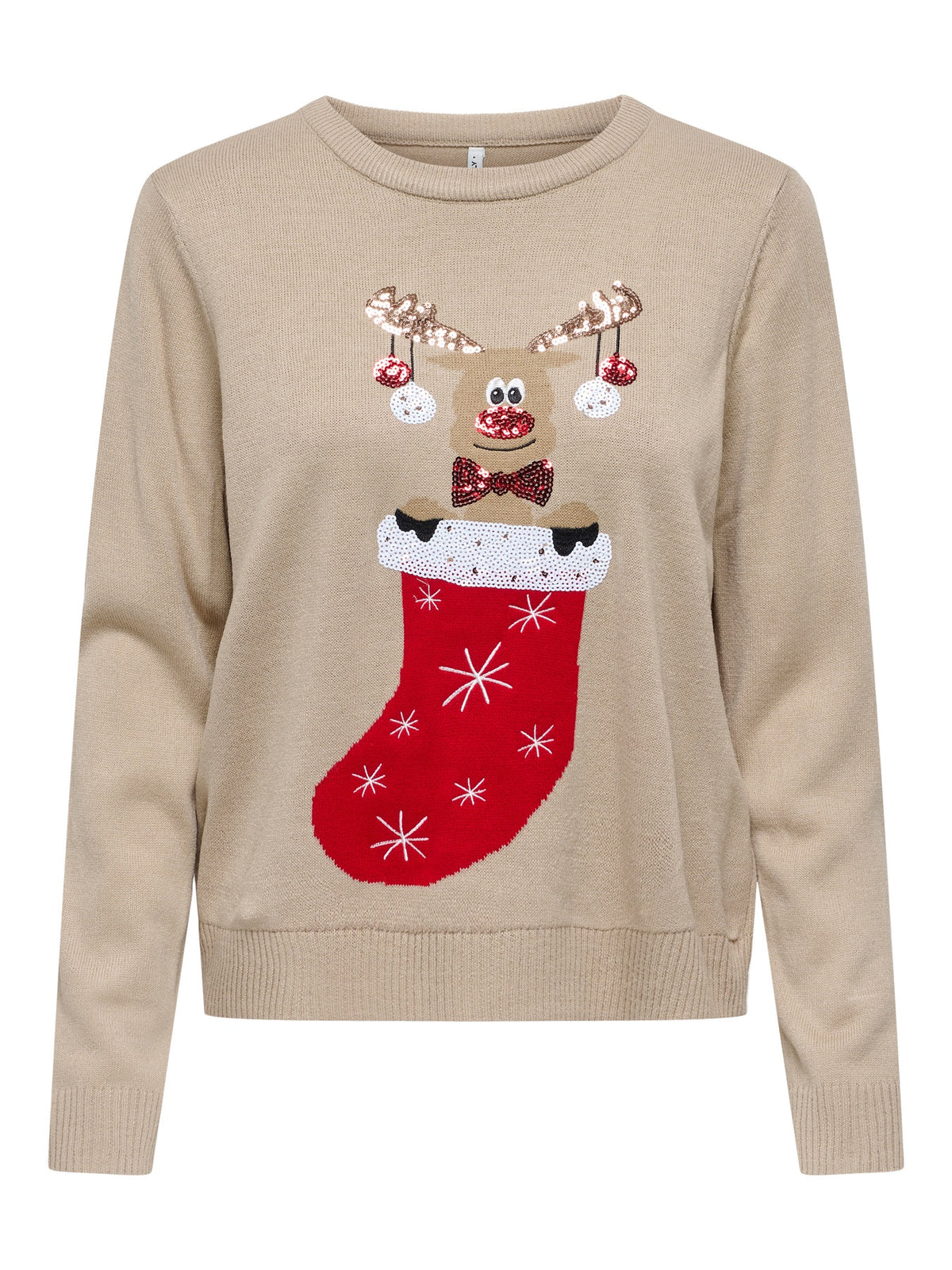 Christmas Jumper: Knit Round Neck Long Sleeve Reindeer Stocking XMAS SHINE - Beige