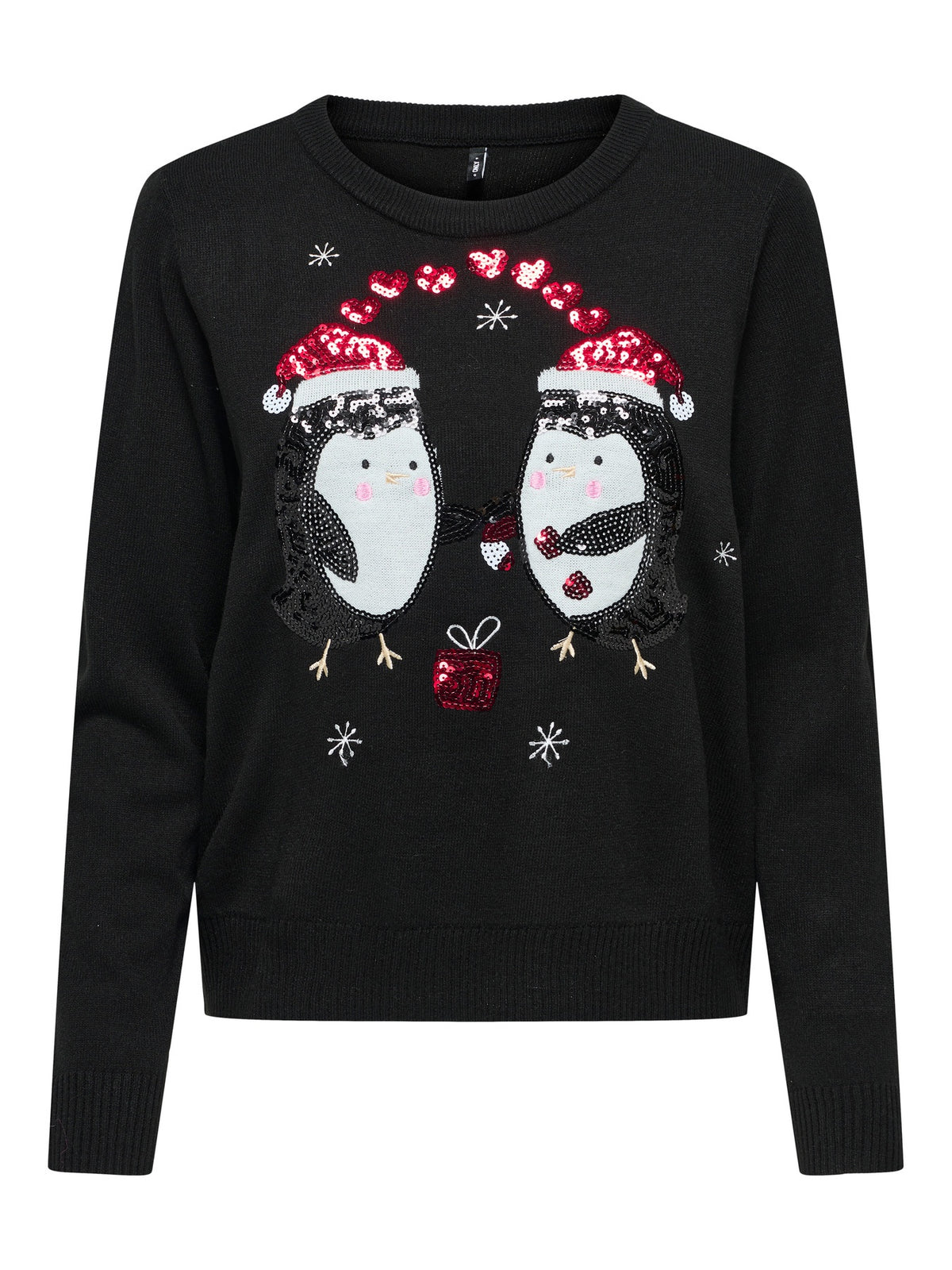 Christmas Jumper: Knit Round Neck Long Sleeve Penguin XMAS SHINE - Black