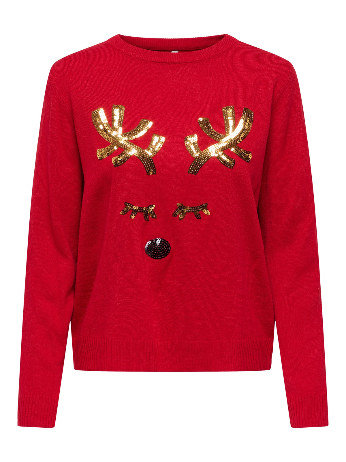 Christmas Jumper: Knit Round Neck Long Sleeve Reindeer Outline XMAS SHINE - Red