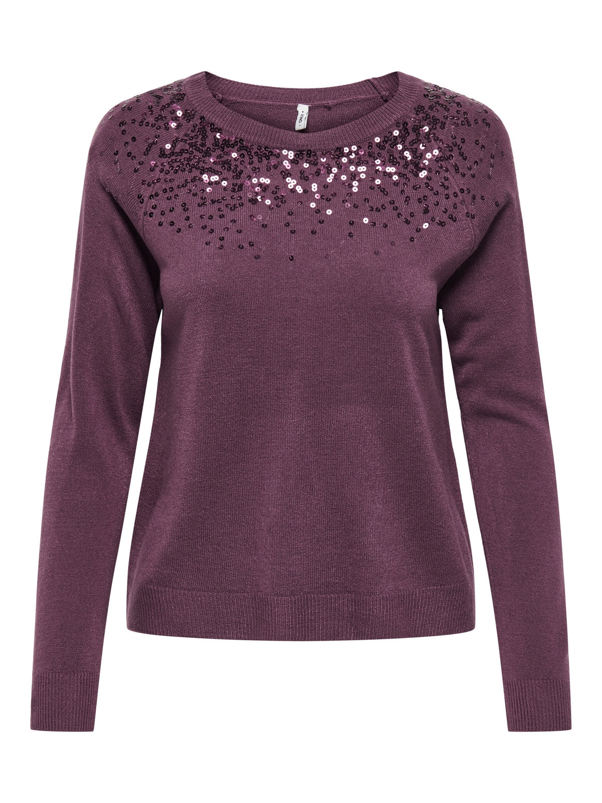 Jumper: Knit Round Neck Long Sleeve Sequin Neckline STARRY  - Burgundy