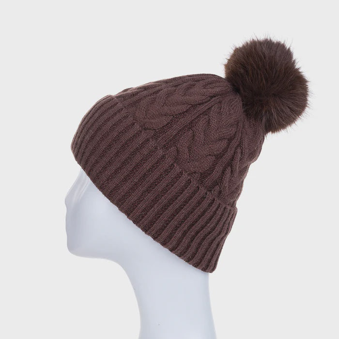Hat: Knitted Pom Pom Cable Knit - Brown - Park Lane