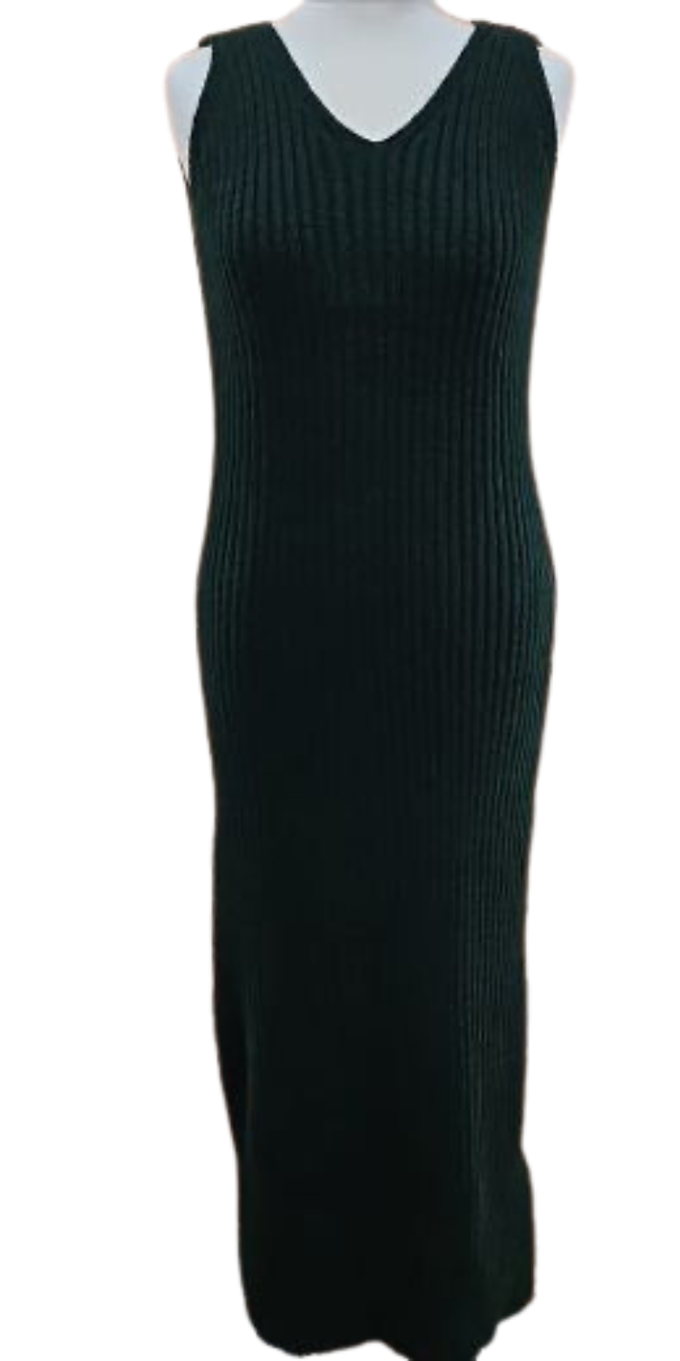 Long Dress: Knitted Sleeveless Ribbed - Forest Green - One Size - Luxtyle