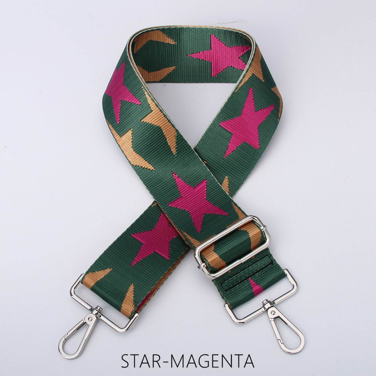Strap: Bag Stars Pattern Wide Silver Buckle - Green & Fuchsia Pink