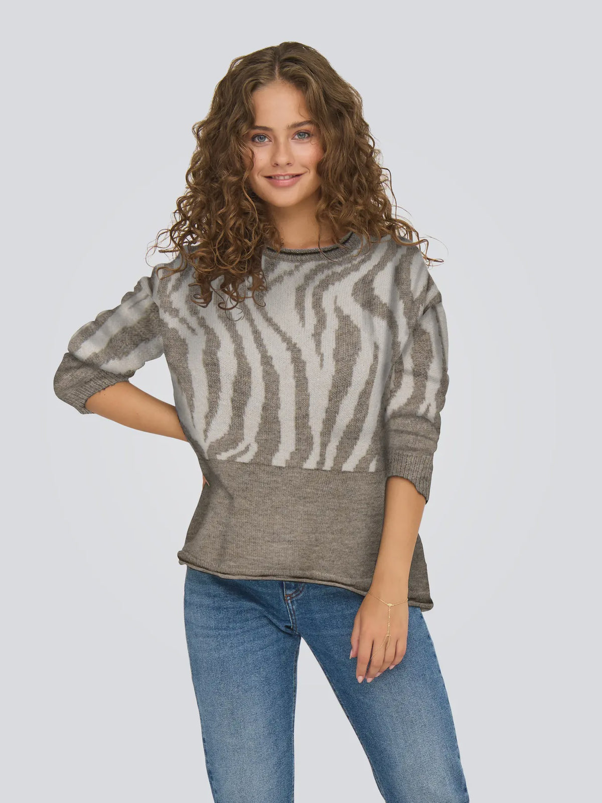 Jumper: Knit Round Neck Long Sleeve Panels Leopard JADE ANIMAL Zebra - Beige & White