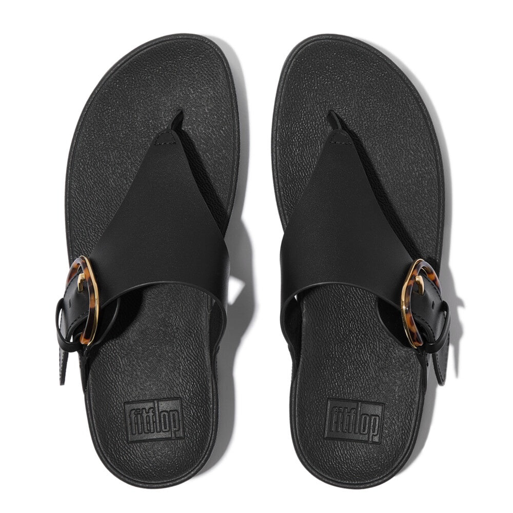 Toe Post Sandals: LULU RESIN-BUCKLE LEATHER TOE-POST SANDALS  - All Black - FitFlop