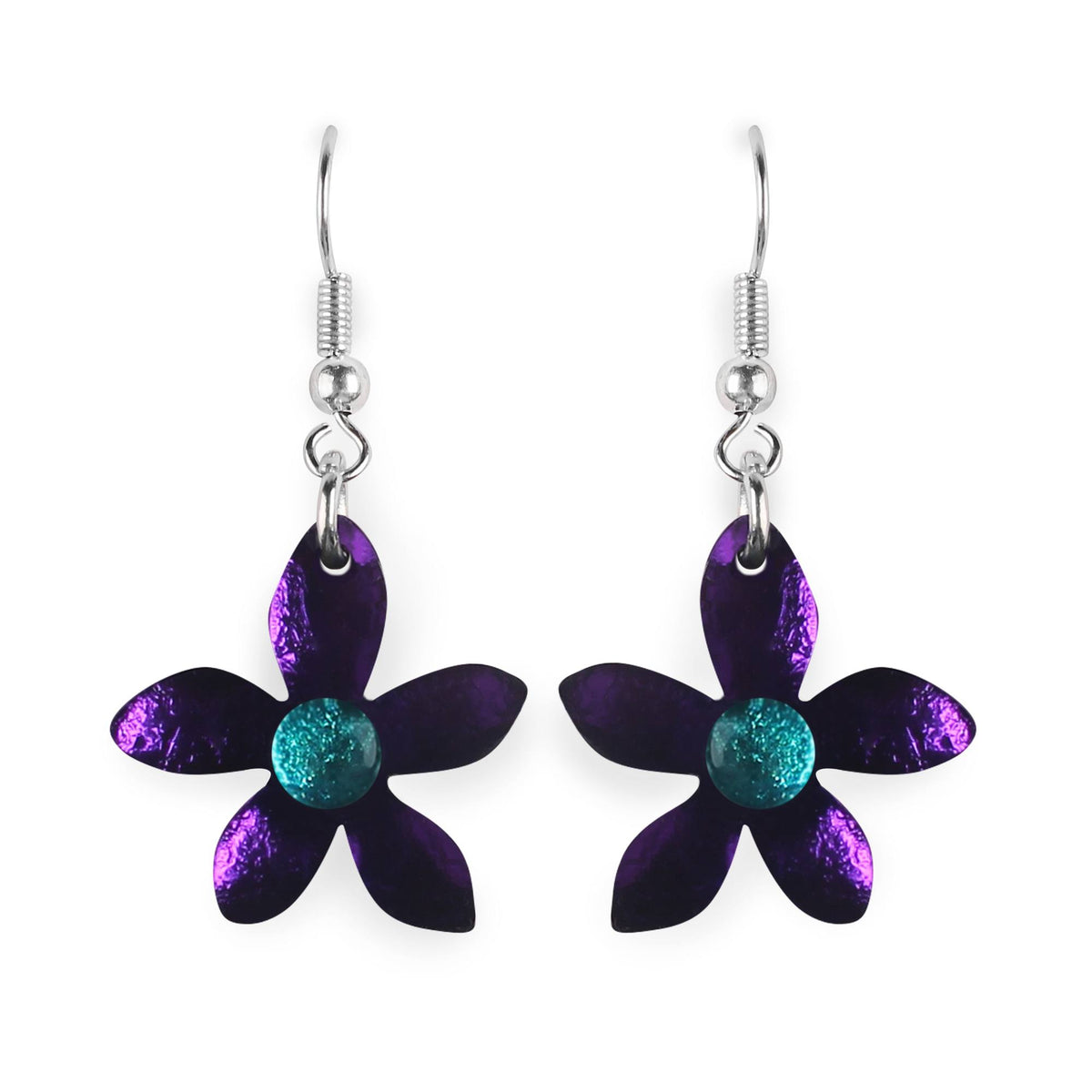 Earrings: Drop Hook Resin Shiny Flower  - Peacock - Watch This Space