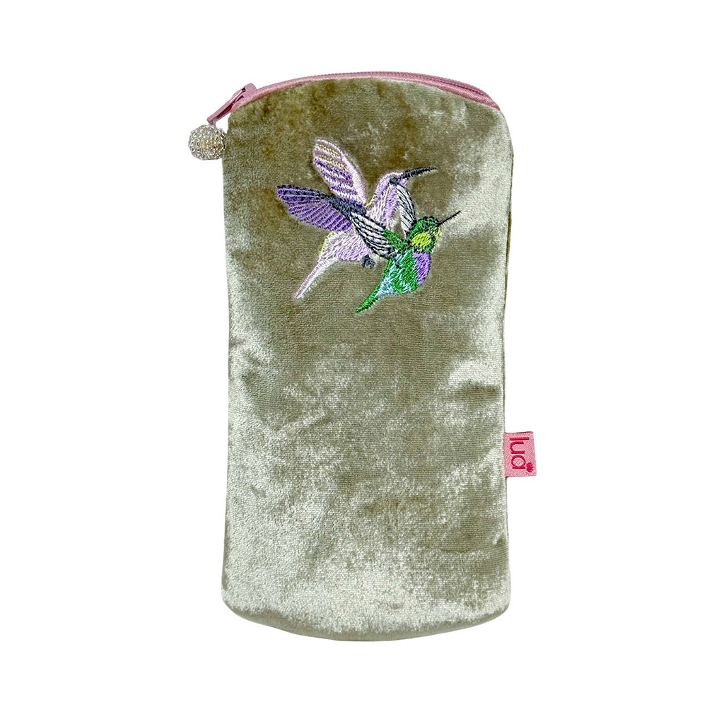 Glasses Case: Velvet Embroidery Hummingbird - Green - Lua