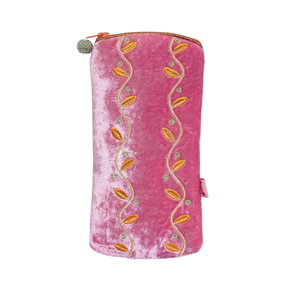 Glasses Case: Velvet Embroidery Leafy Pink - Lua