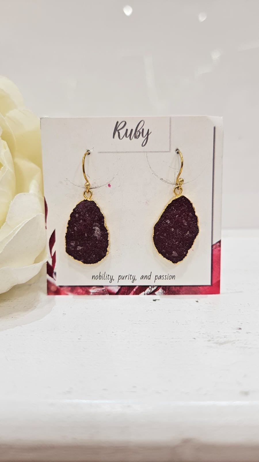 Earrings: Drop Open Large Rough Cut Spiritual Crystal Ruby - Red - Gold Plated